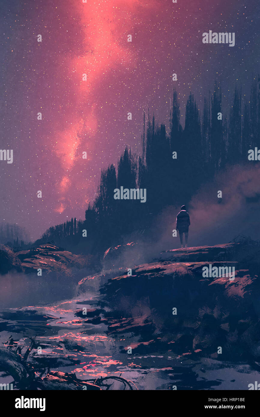 Uomo in piedi sulla roccia con cascata guardando il cielo di notte,illustrazione pittura Foto Stock