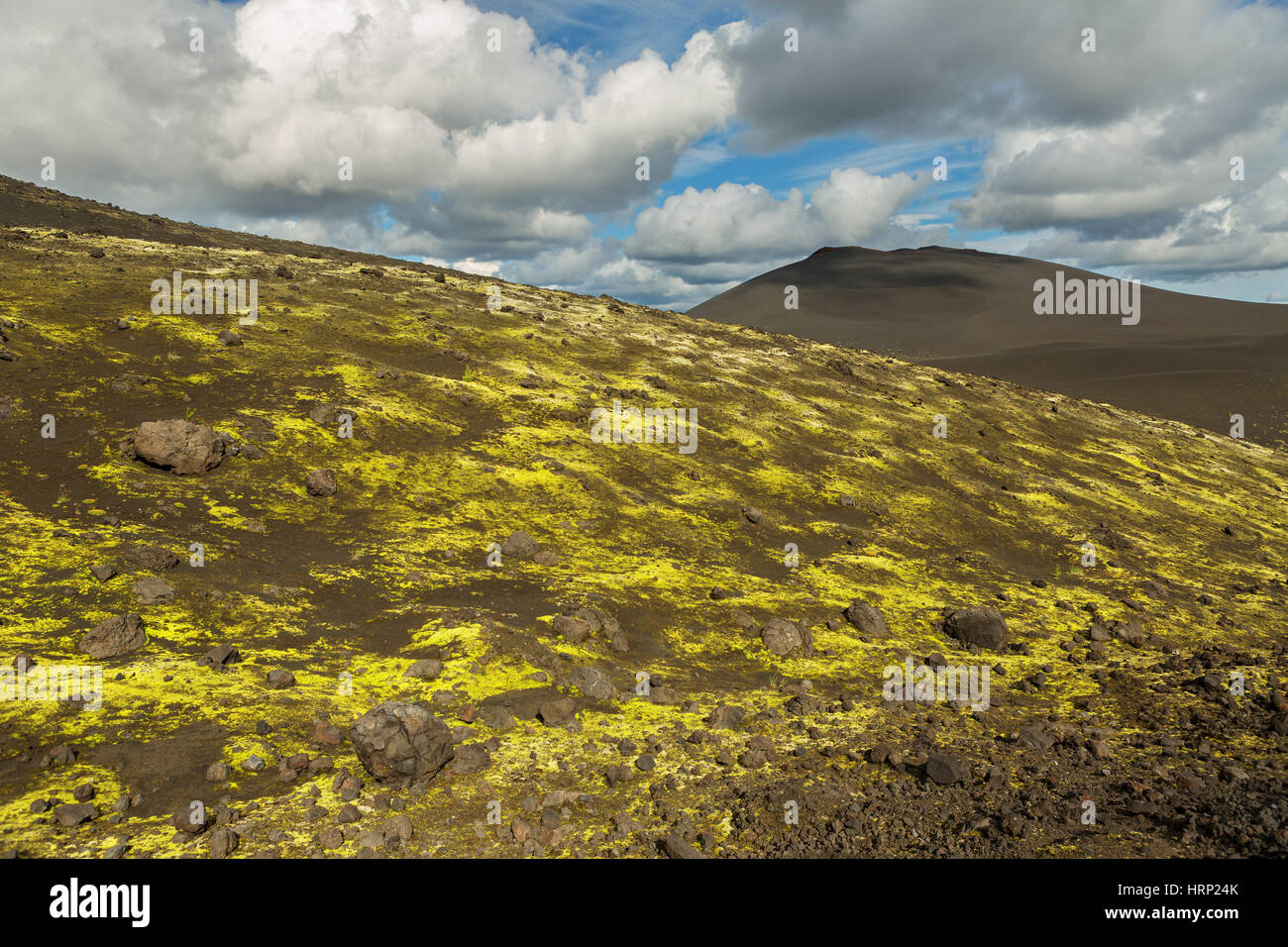 I campi di scorie e i coni coperti di muschio alla conquista del nord grande Tolbachik eruzione fissurale 1975 Foto Stock