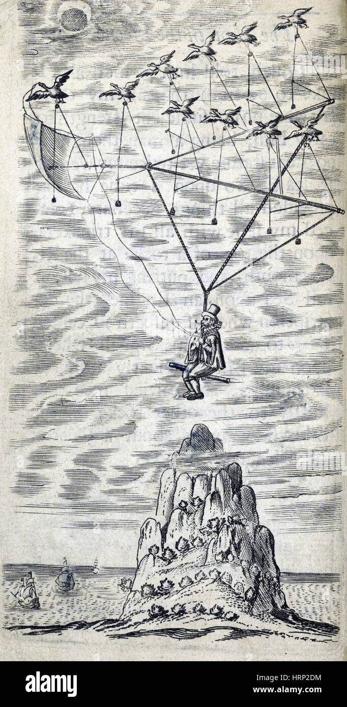 L'uomo della Moone, Macchina volante, 1638 Foto Stock