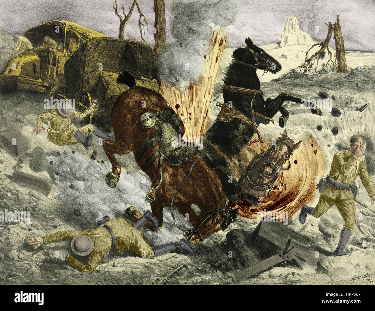 La prima guerra mondiale, la battaglia di Soissons, notte di bombardamenti, 1918 Foto Stock