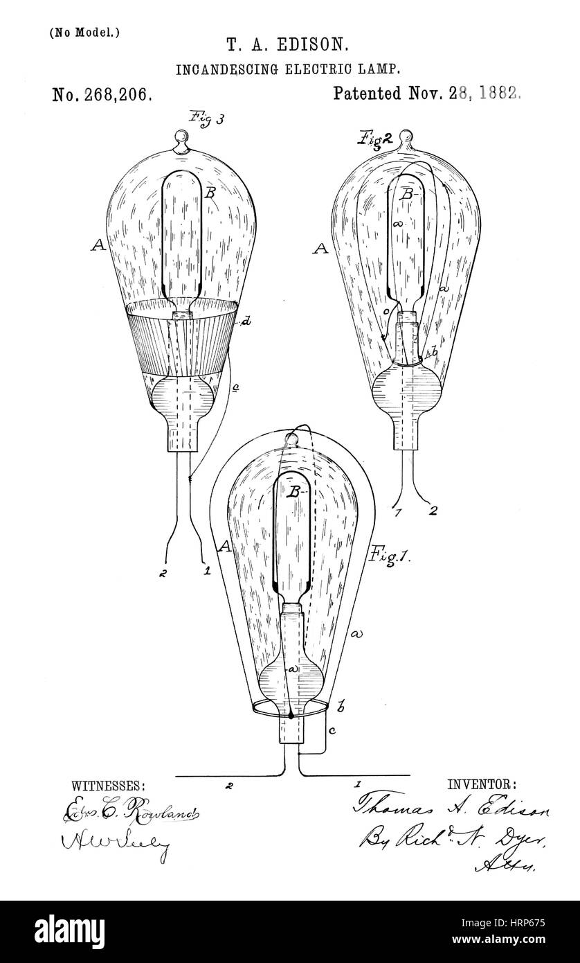 Edison a incandescenza lampada elettrica Brevetto, 1882 Foto stock - Alamy