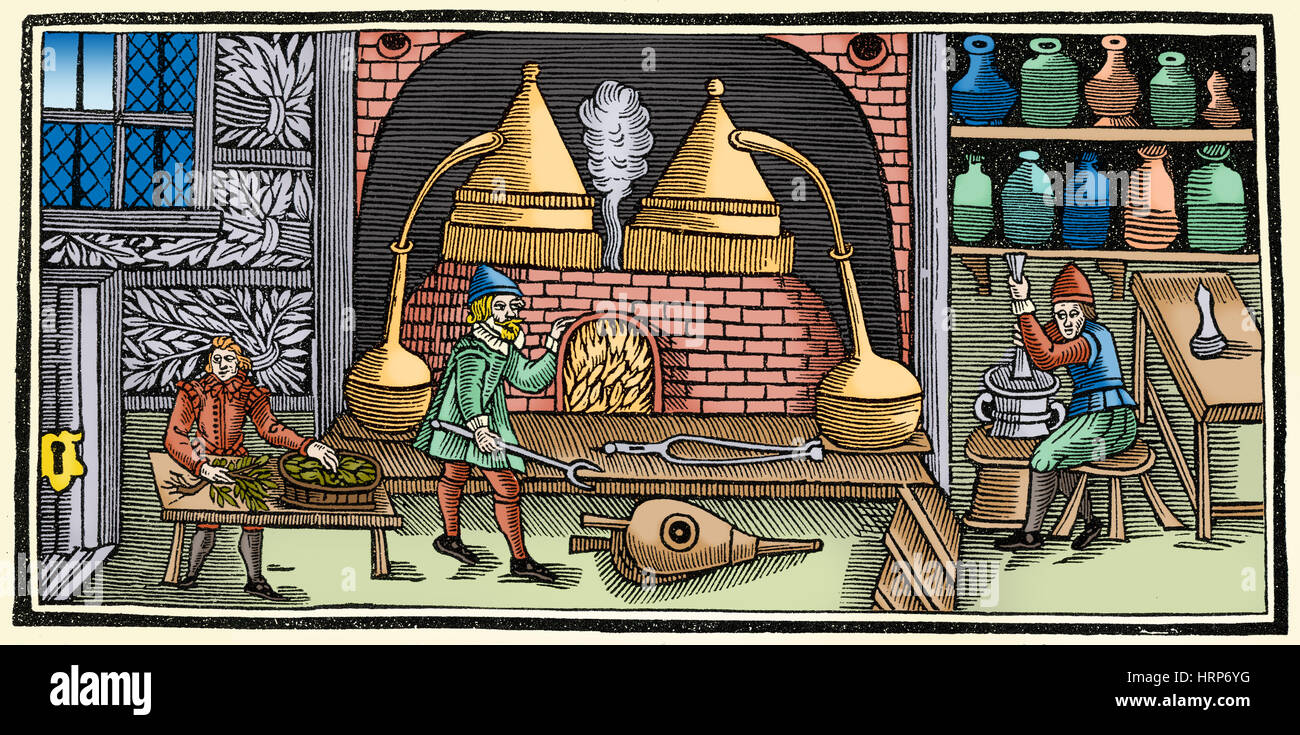 Distillazione medievale Foto Stock