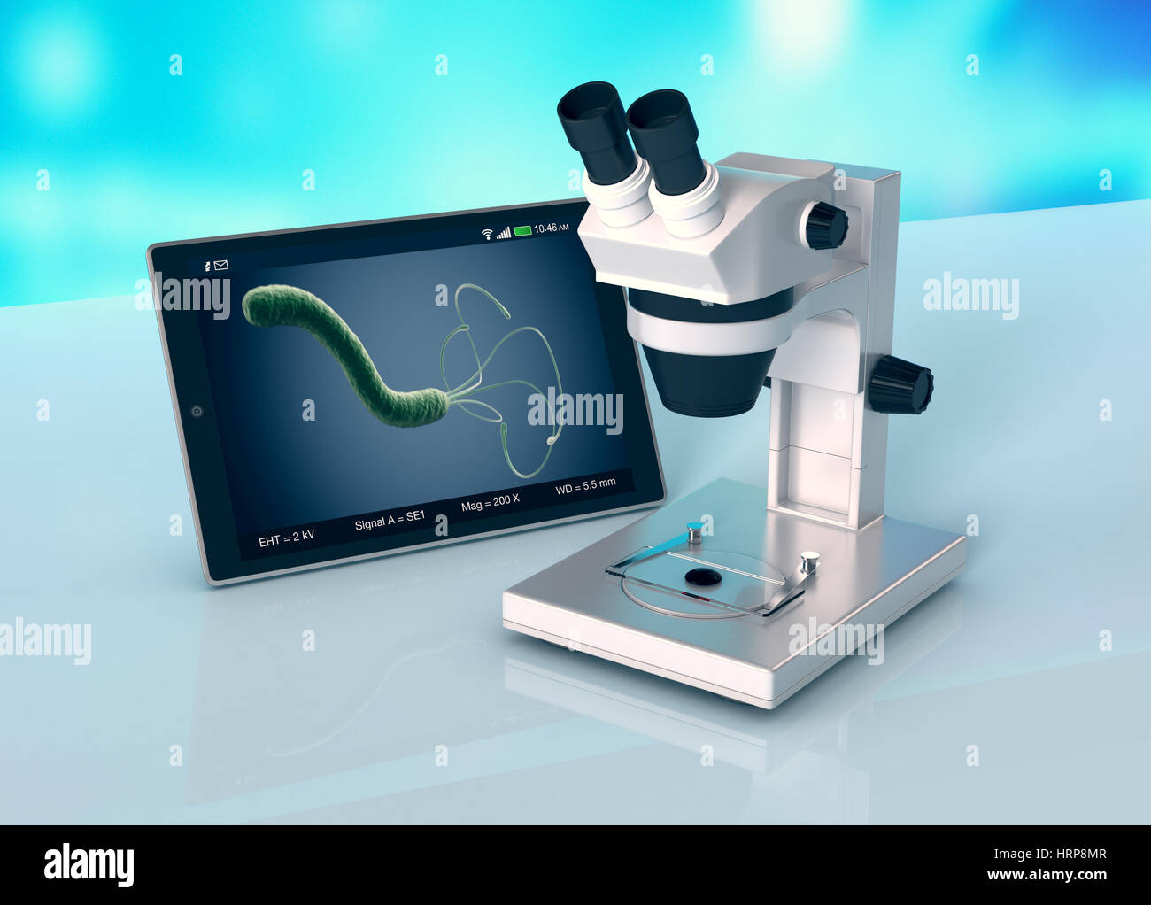 Il microscopio elettronico con un tablet PC, il concetto di ricerca  scientifica e le nuove tecnologie (3d rendering Foto stock - Alamy