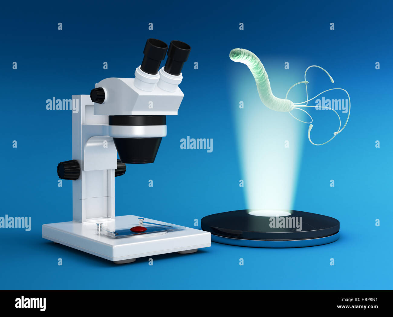 Microscopio con un ologramma di un bacteriium, concetto di tecnologie futuristiche per la ricerca scientifica (3d rendering) Foto Stock
