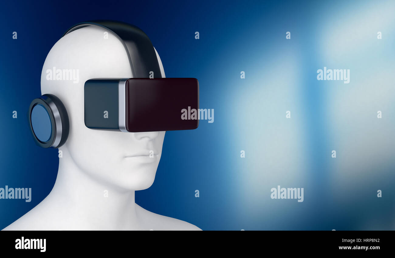 Uno 3d uomo Con una realtà virtuale auricolare, spazio vuoto a destra (3d rendering) Foto Stock