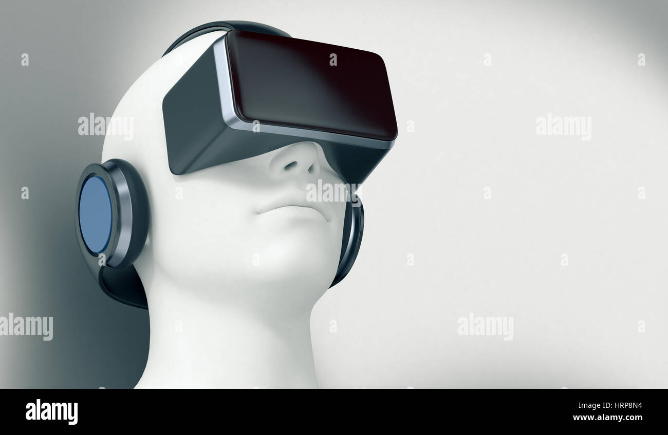 Uno 3d uomo Con una realtà virtuale auricolare, spazio vuoto a destra (3d rendering) Foto Stock
