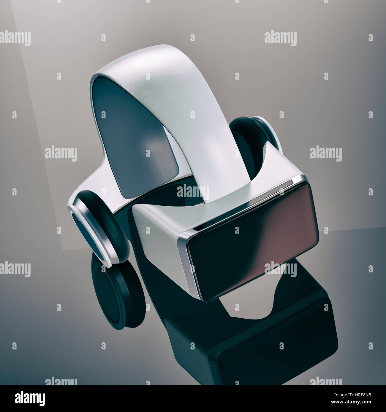 La realtà virtuale auricolare su una superficie riflettente (3d rendering) Foto Stock