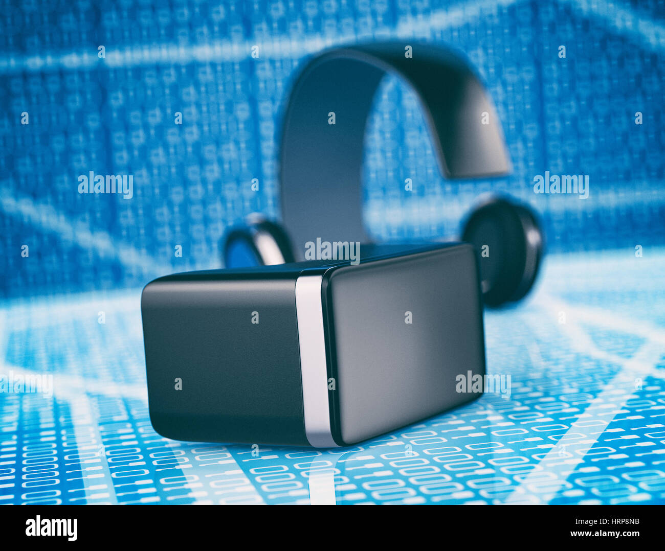 La realtà virtuale auricolare con uno sfondo di numeri binari (3d rendering) Foto Stock
