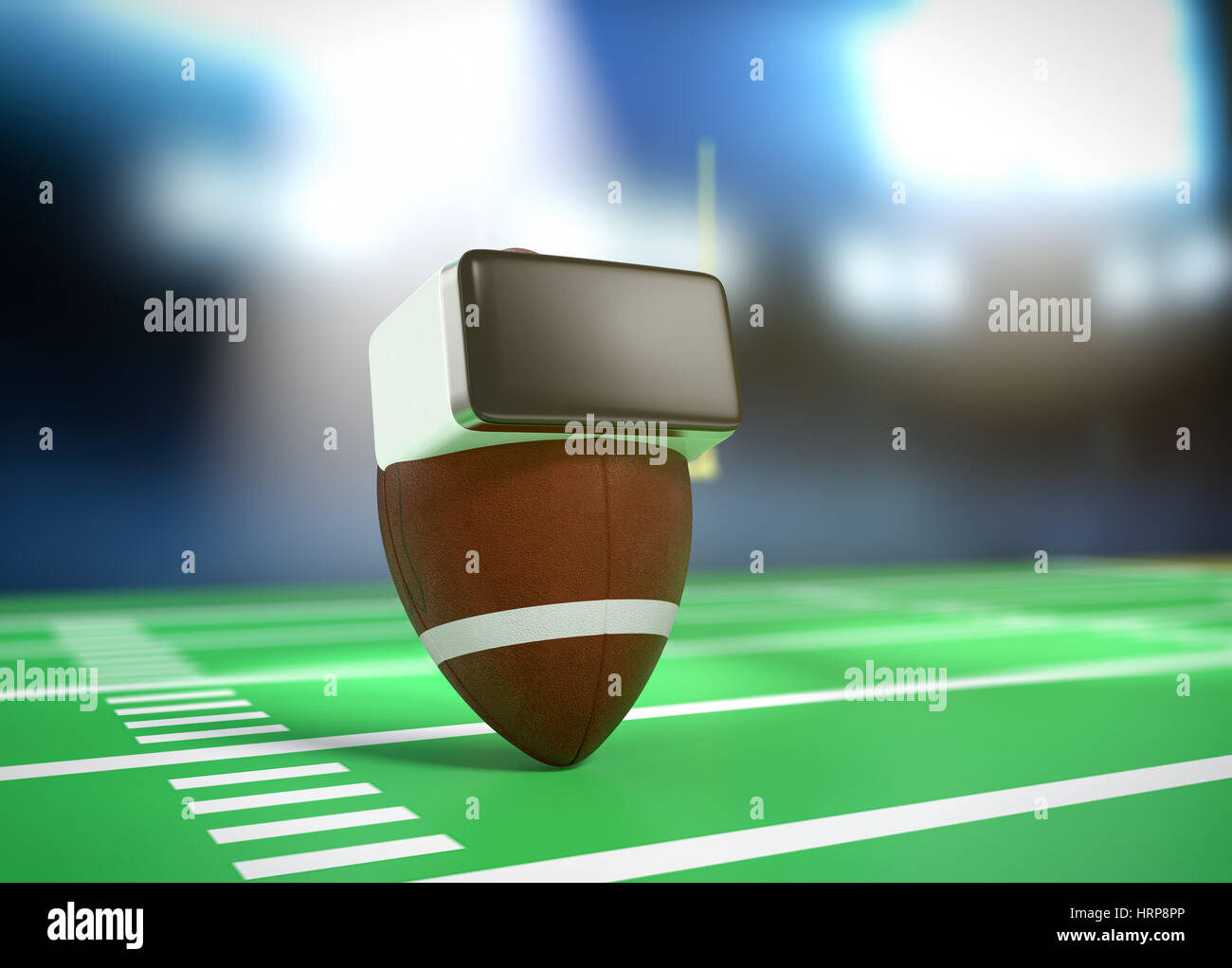 Sfera di calcio con gli occhiali vr presso lo stadio, il concetto di realtà virtuale e sport (3d rendering) Foto Stock