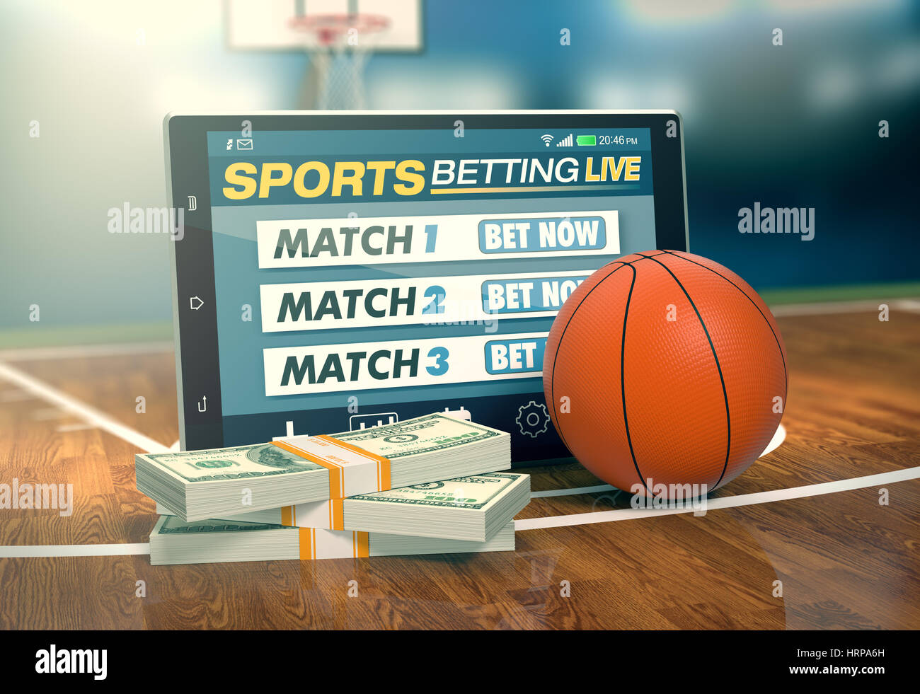 Tablet PC con app per scommesse sportive, pile di banconote e una palla da basket, concetto di scommesse online (3d rendering) Foto Stock