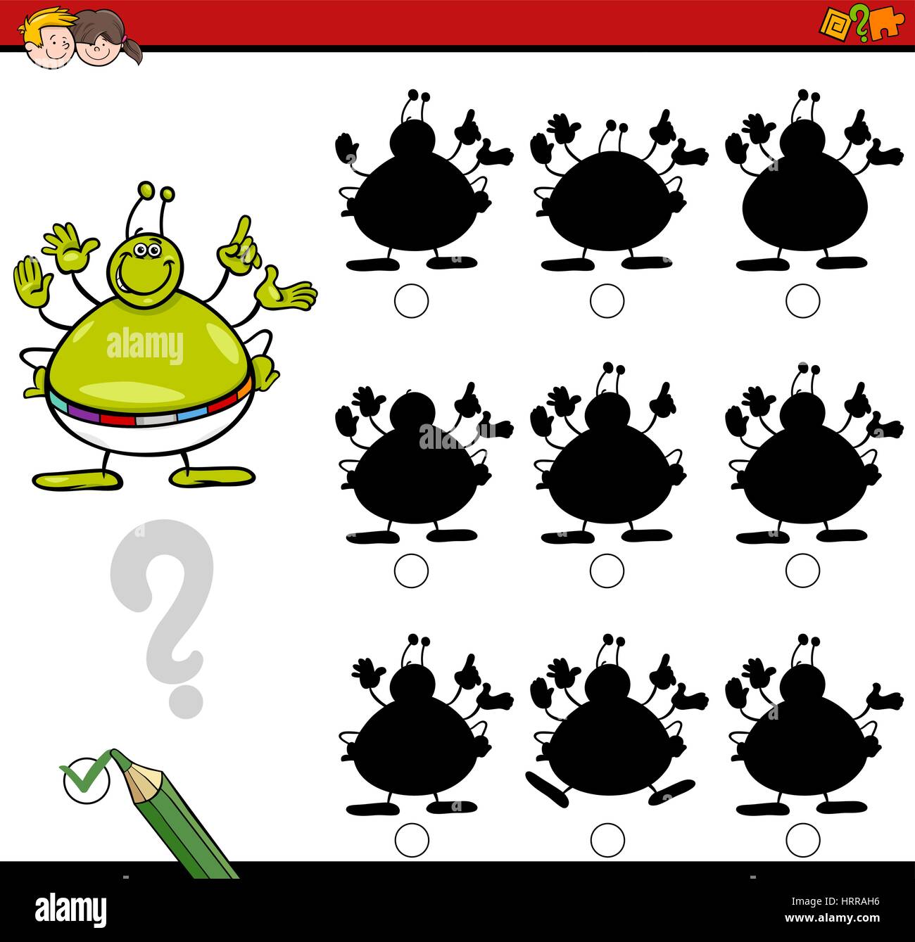 Cartoon illustrazione di trovare l'ombra senza differenze di attività educative per i bambini con Alien personaggio di fantasia Illustrazione Vettoriale
