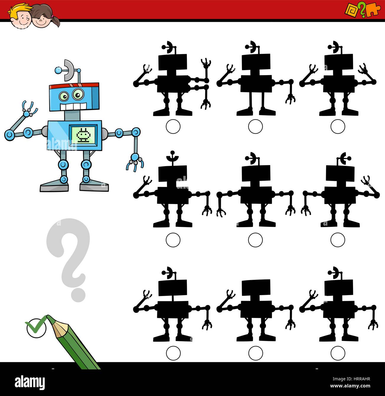 Cartoon illustrazione di trovare l'ombra senza differenze di attività educative per i bambini con carattere di Robot Illustrazione Vettoriale