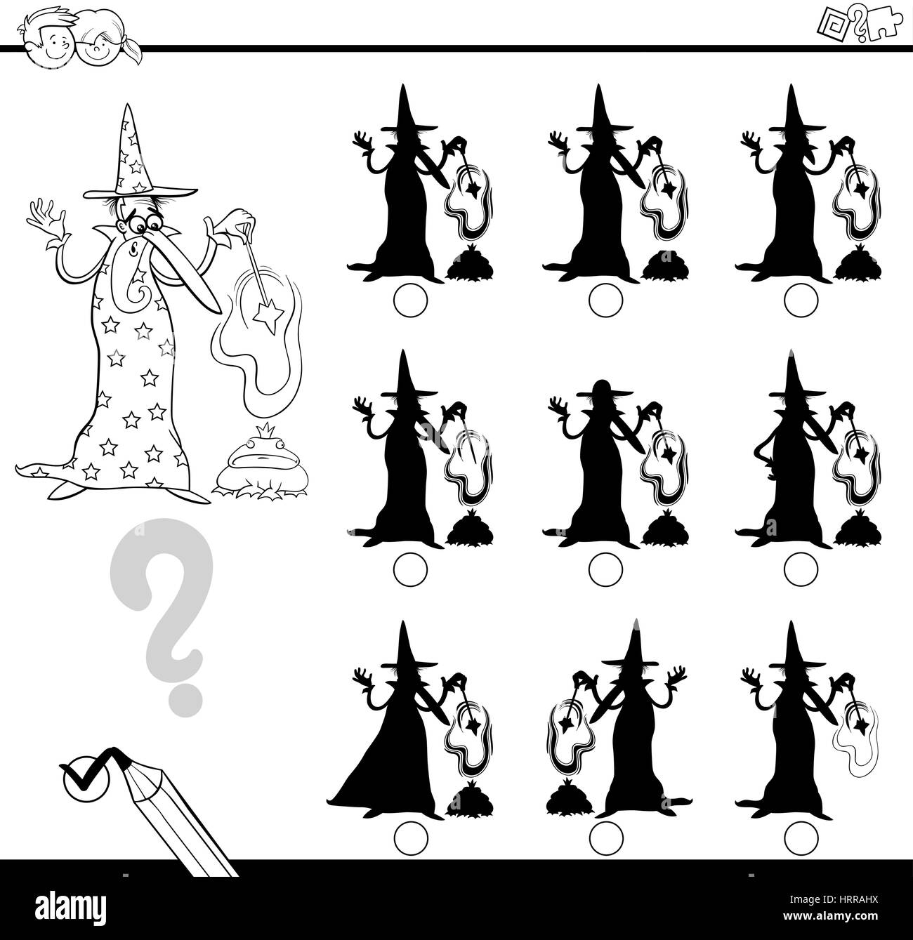 Bianco e Nero Cartoon illustrazione di trovare l'ombra senza differenze di attività educative per i bambini con la procedura guidata di carattere di fantasia colorazione P Illustrazione Vettoriale