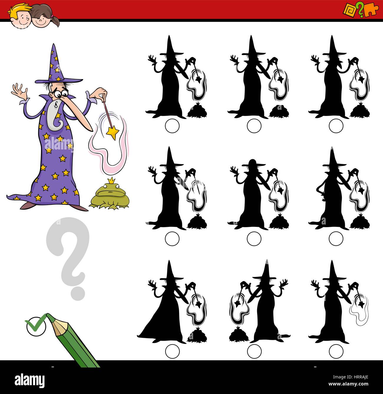 Cartoon illustrazione di trovare l'ombra senza differenze di attività educative per i bambini con la procedura guidata di carattere di fantasia Illustrazione Vettoriale