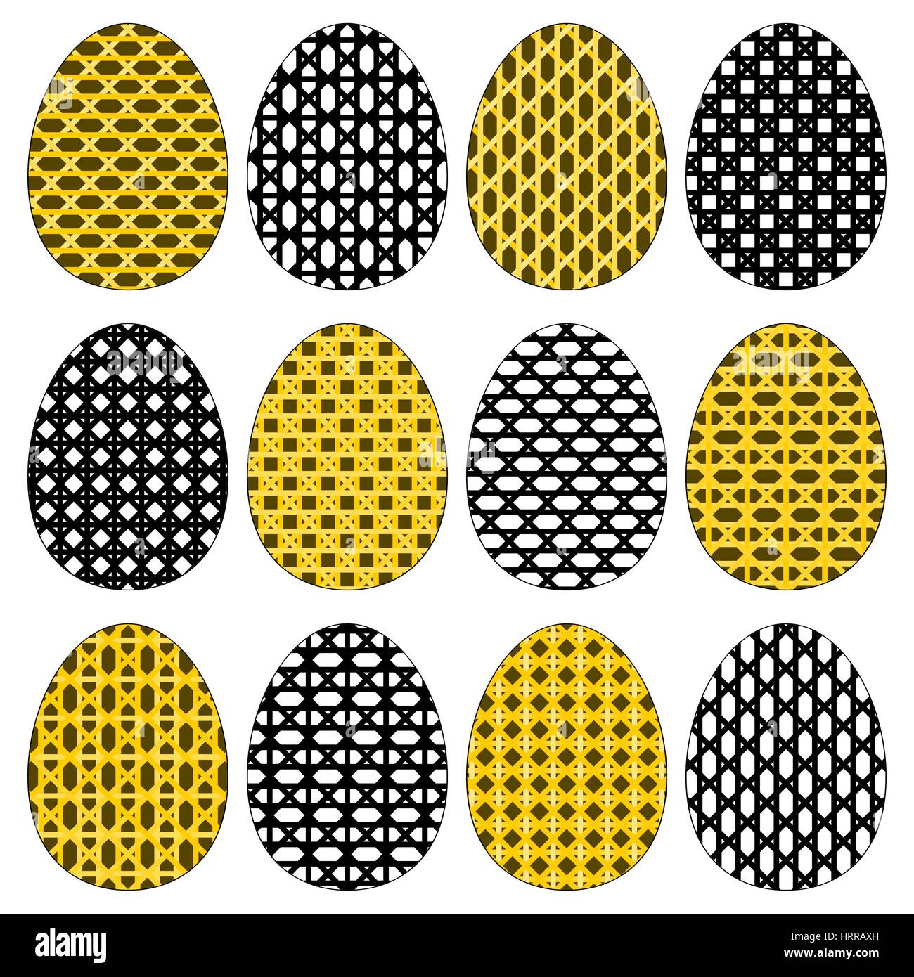 Dodici di colore giallo dorato e in bianco e nero le uova di pasqua con pattern a strisce per la ricerca delle uova. Isolato su bianco. Illustrazione Vettoriale