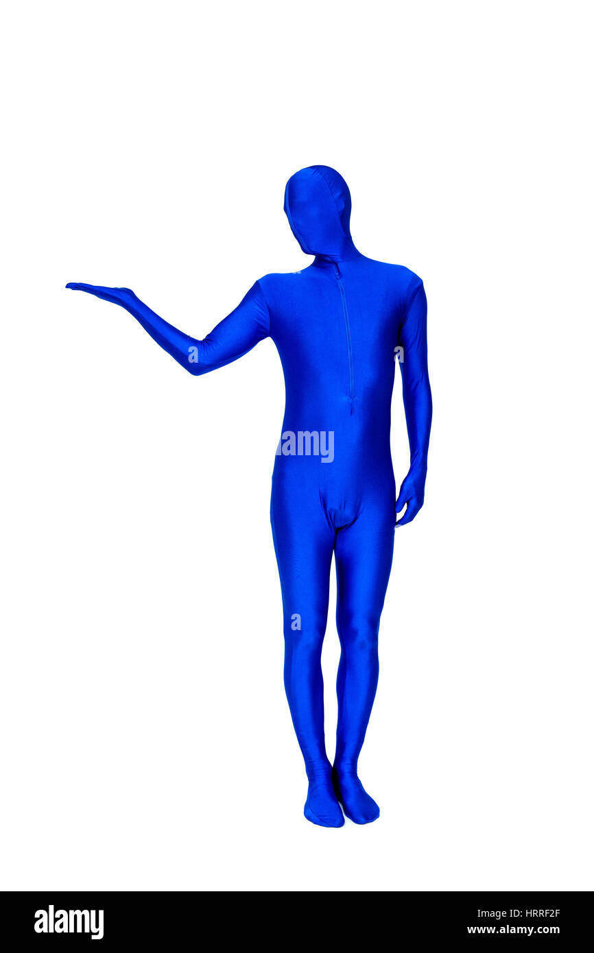Misterioso uomo blu in morphsuit gesti con le mani Foto Stock