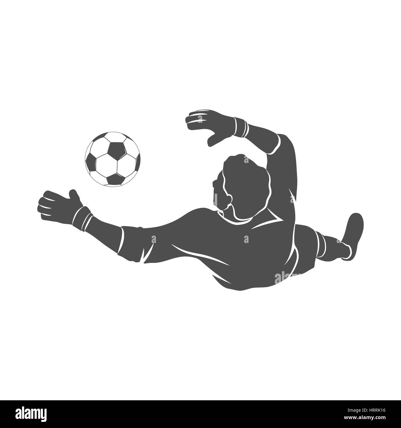 Silhouette portiere di calcio è il salto per la palla calcio su uno sfondo bianco. Illustrazione della foto. Foto Stock