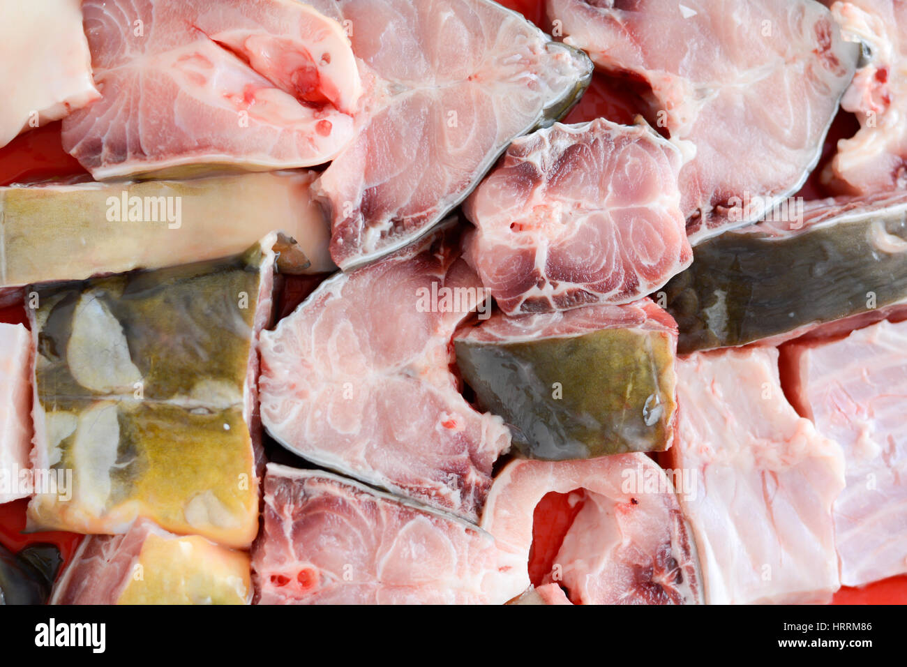 Picchetti di pesce sulla piastra pronta per essere coperto in briciole di pane e cotto shot da angolo superiore Foto Stock