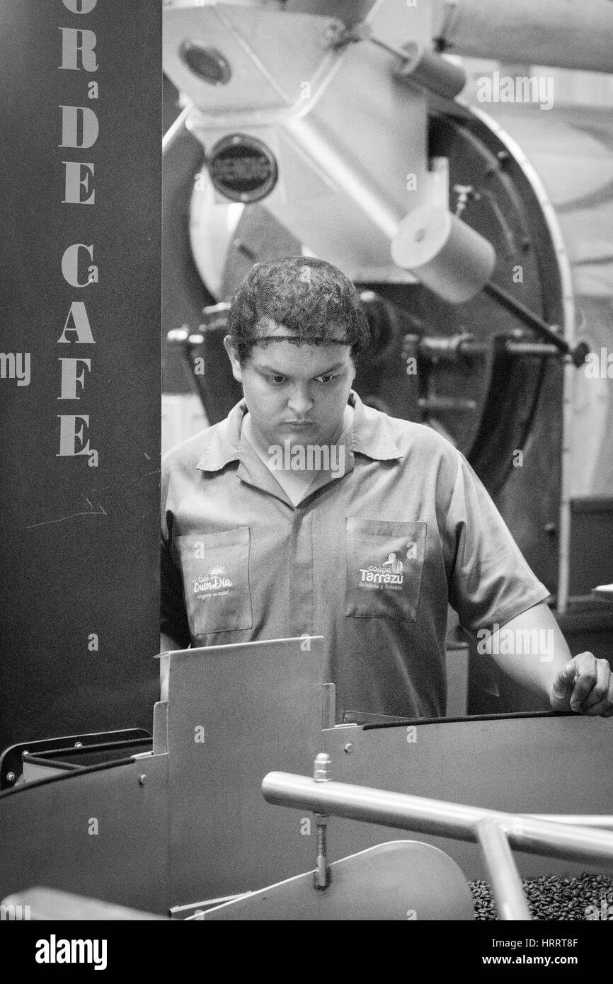 Un lavoratore è la tostatura i chicchi di caffè in un impianto di San Marcos, Costa Rica. Foto Stock