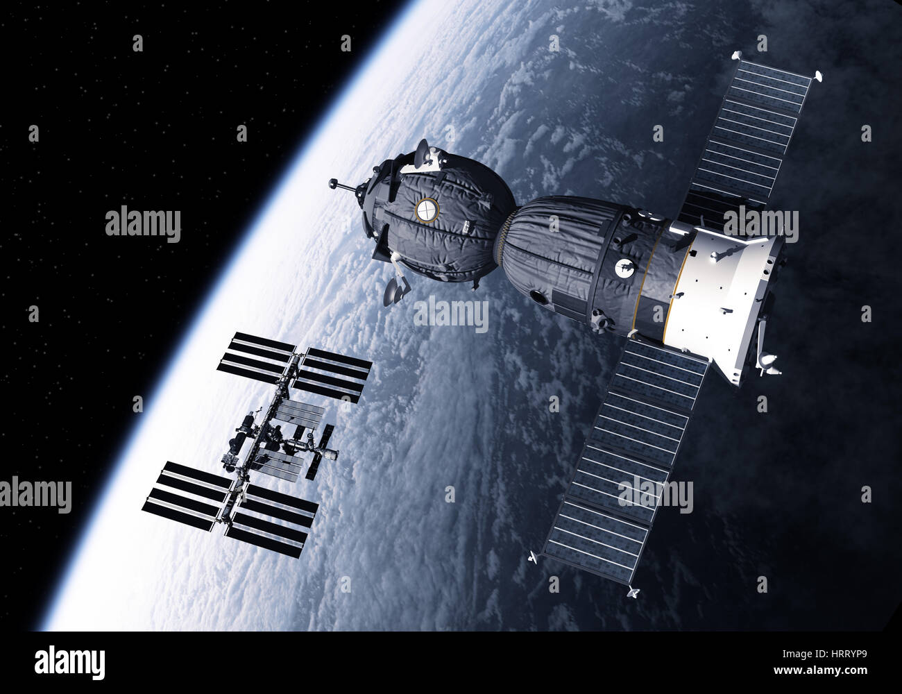 Veicolo spaziale e la stazione spaziale internazionale in orbita intorno alla terra. 3D'illustrazione. Foto Stock