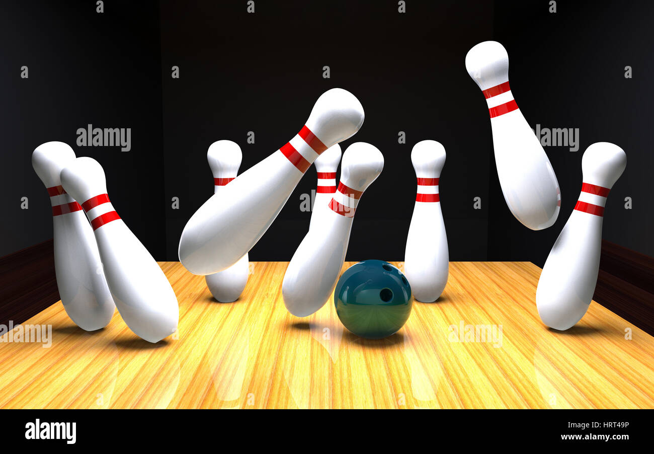 Palla da bowling schiantarsi dentro i perni del rendering 3D Foto Stock