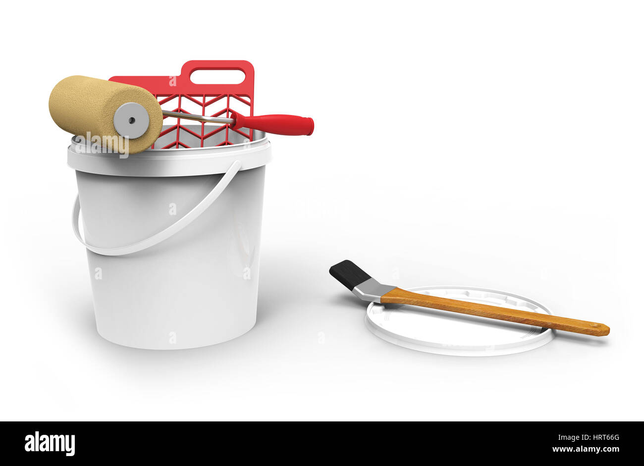 Secchio di vernice con pennello e rullo su sfondo bianco del rendering 3D Foto Stock