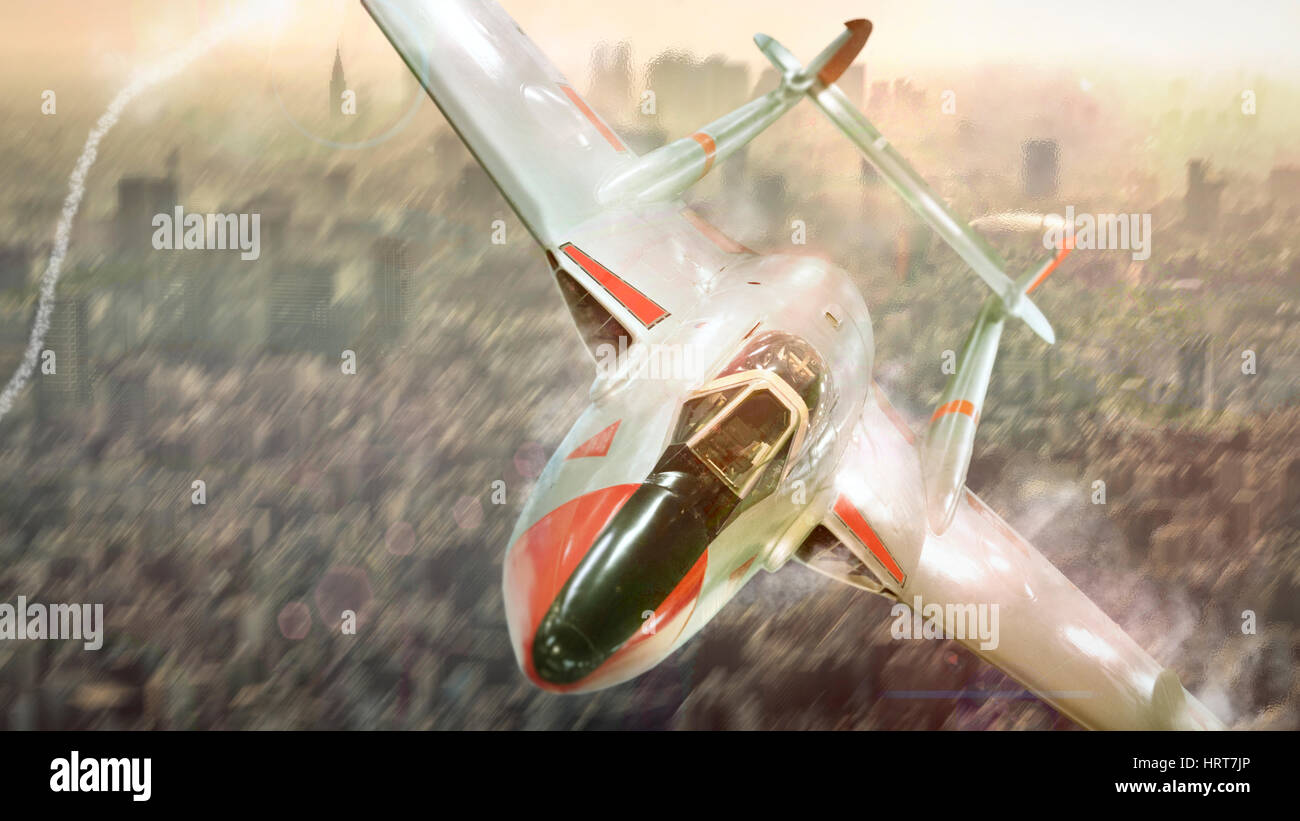 Vampire jet fighter vola attacco in una città la guerra Foto Stock