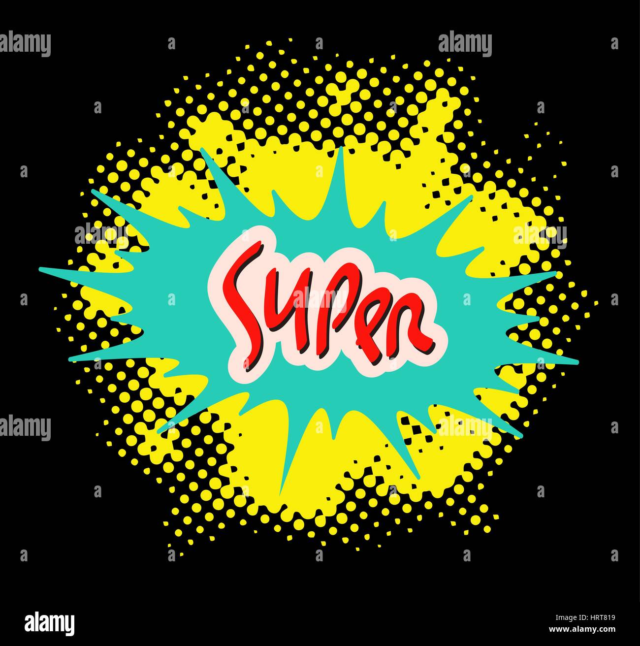 Parola SUPER nel fumetto stile popart astratta stile halftone background. Illustrazione Vettoriale. Illustrazione Vettoriale