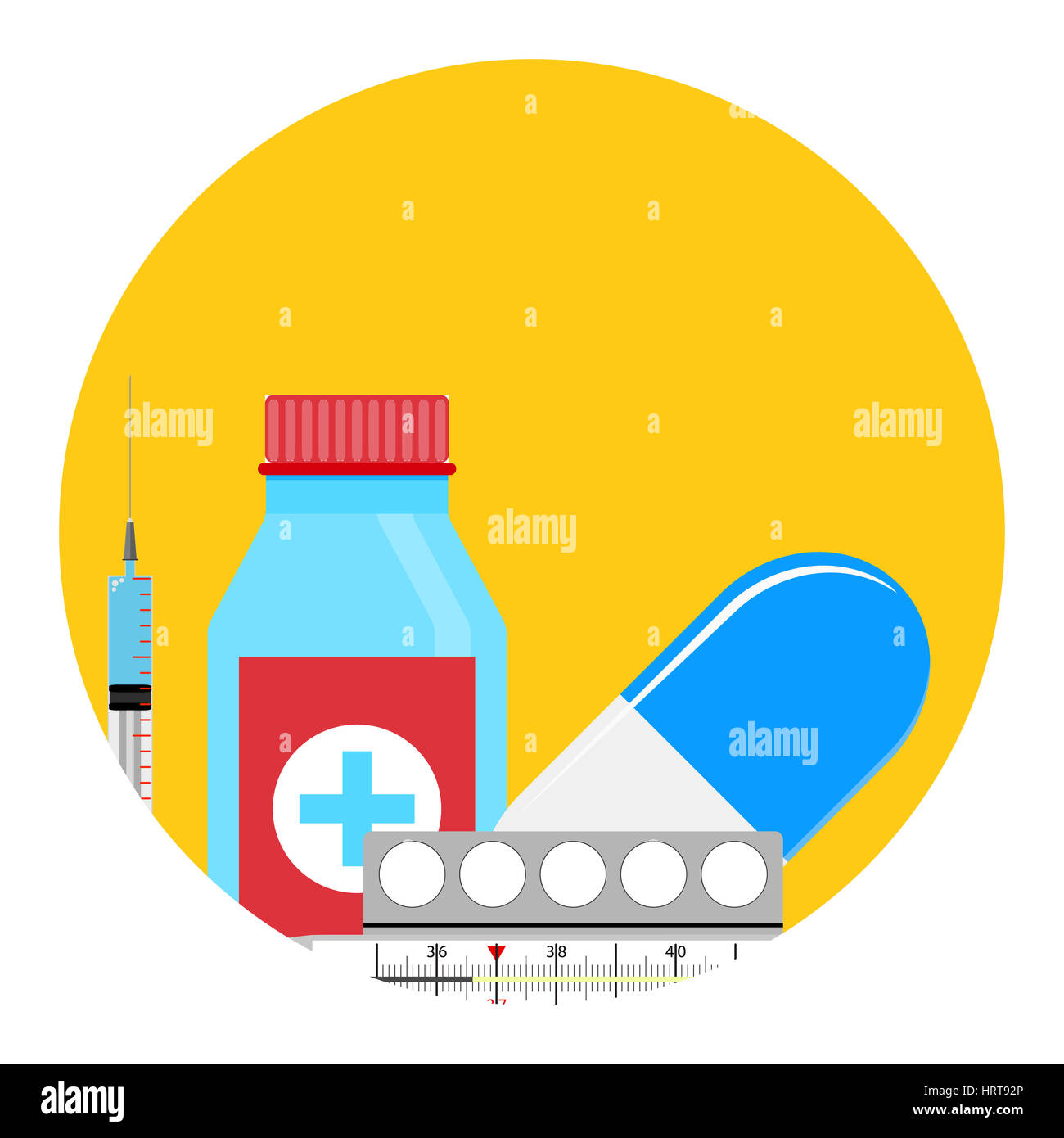 Trattamento dell'influenza icona app. Medical tablet e la siringa con il termometro. Illustrazione Vettoriale Foto Stock