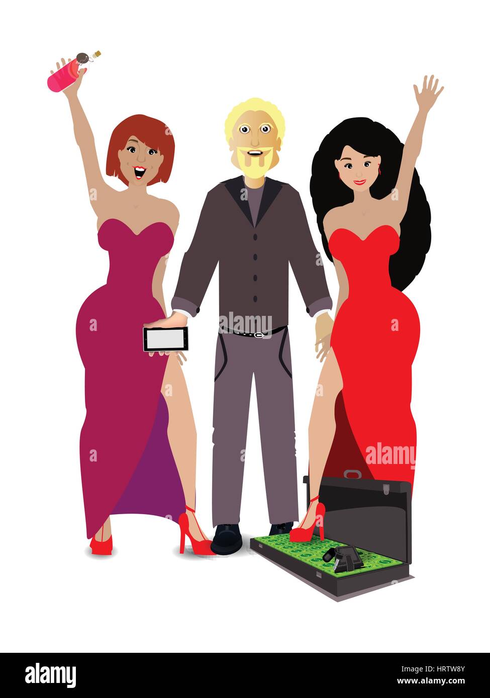 L'uomo con le ragazze e il caso con il denaro su uno sfondo bianco. concetto di finanze. illustrazione. Utilizzare uno smart phone, sito web, stampa, composizioni Illustrazione Vettoriale