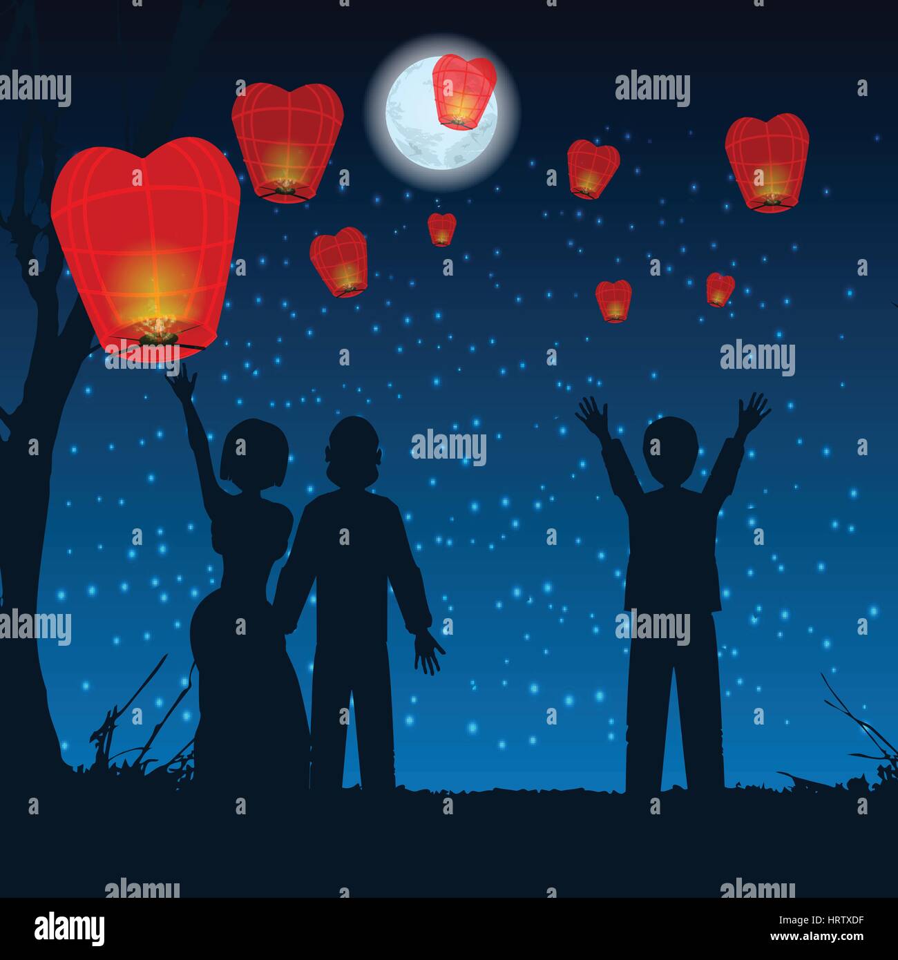 Thailandia, Loy Krathong e Yi Peng Festival, vettore thai aria calda balloonlet persone silhouette sky lanterne in cielo sulla collina. illustrazione. Utilizzare Illustrazione Vettoriale