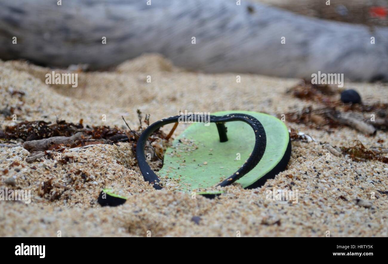Scartato thong flip flop mezzo sepolto sulla spiaggia Foto Stock