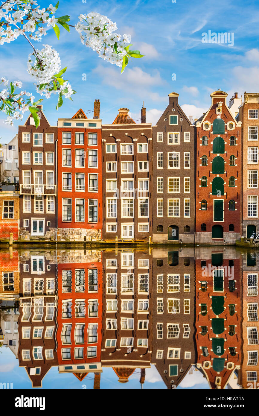 Tradizionali di vecchi edifici di Amsterdam a molla, Paesi Bassi Foto Stock