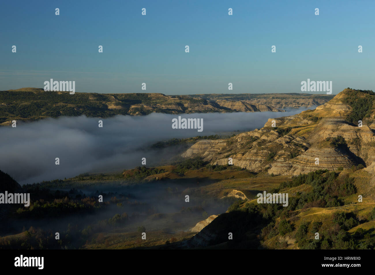 Piccolo Fiume Missouri coperta di nebbia dal Fiume si affacciano, Parco nazionale Theodore Roosevelt, ND, STATI UNITI D'AMERICA Foto Stock