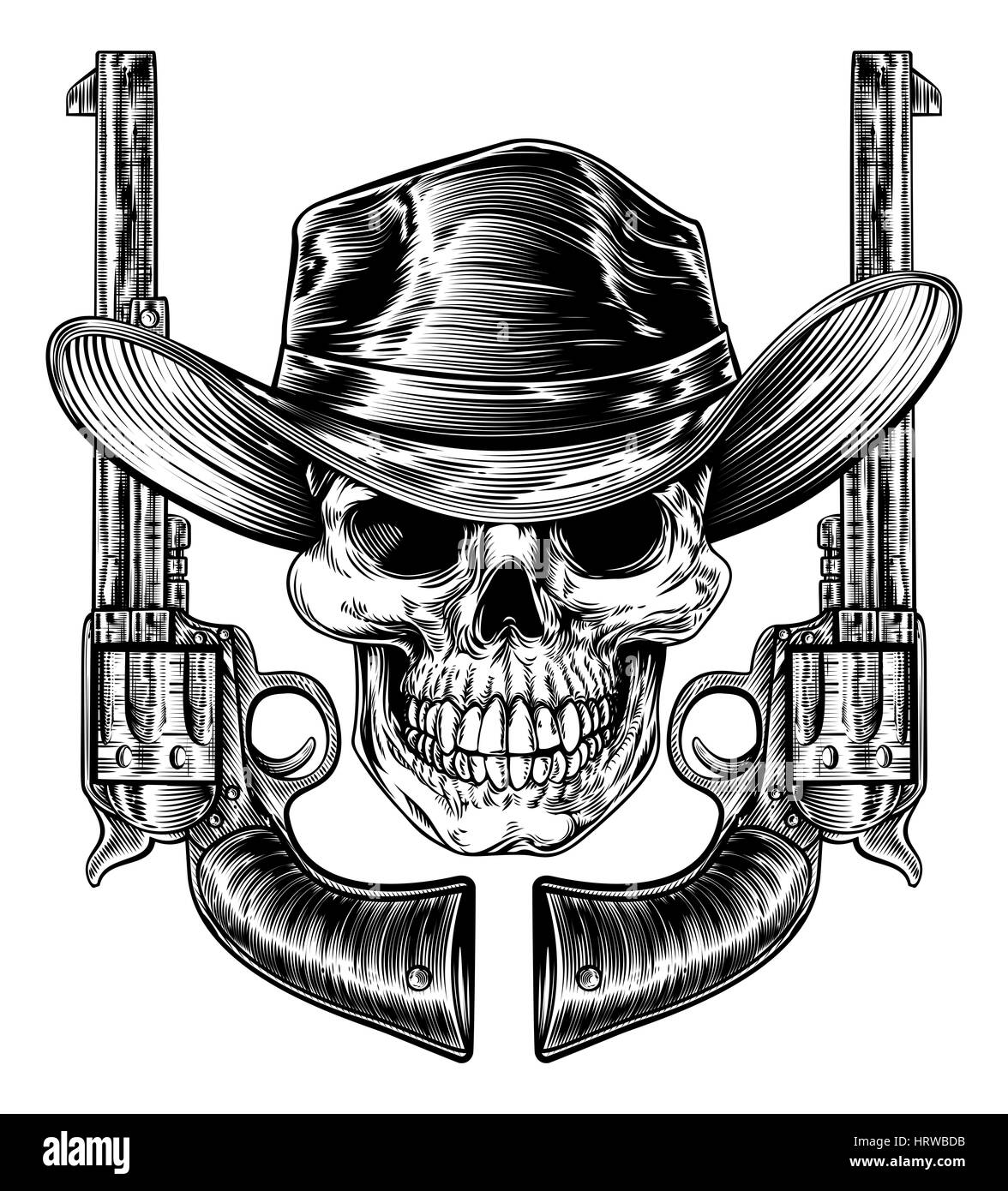 Cranio da cowboy in un western hat e una coppia di pistola pistola revolver sei shooter pistole disegnato in un vintage retrò xilografia incisa o stile inciso Foto Stock