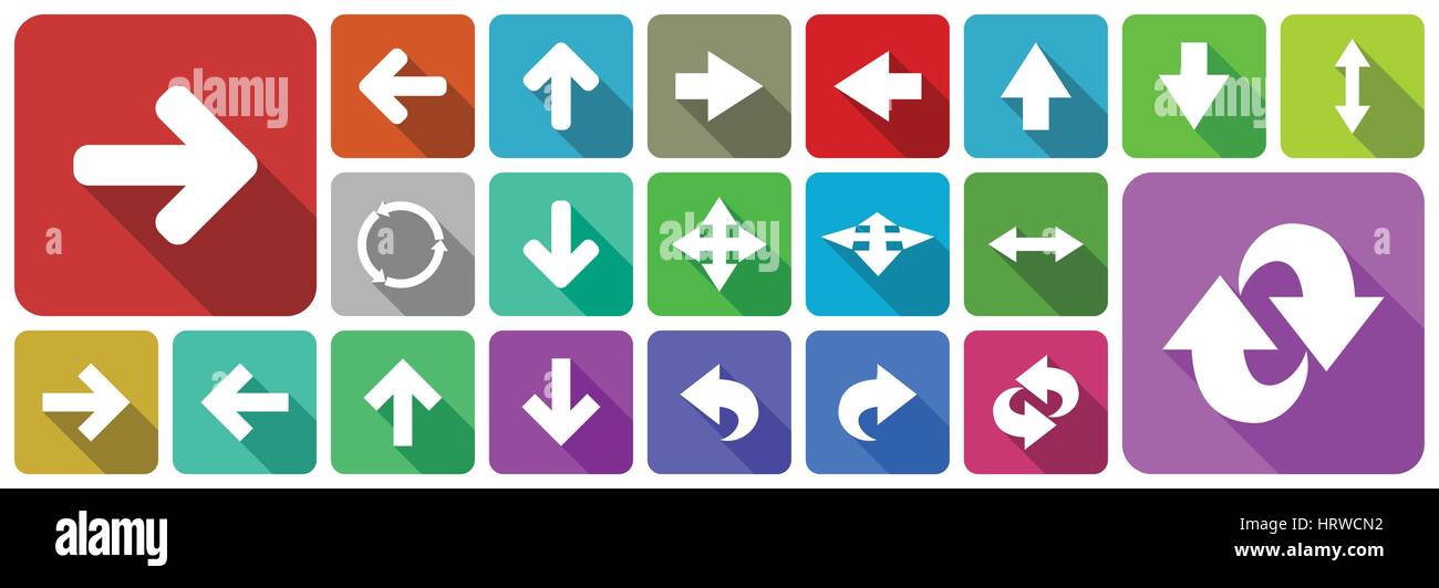 Design piatto frecce colorate vettore web icone con ombra isolati su sfondo bianco in eps 10. Illustrazione Vettoriale