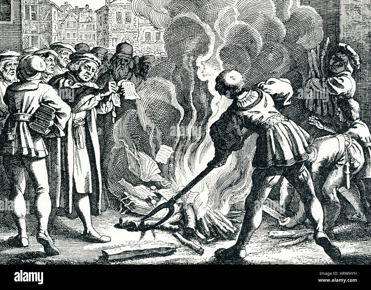 Lutero brucia la bolla papale in Wittenberg. Martin Lutero brucia la bolla papale in Wittenberg. Questa illustrazione è apparso in Gottfried di cronaca storica, Francoforte nel 1619. La cosiddetta 'Exsurge Domine' era una bolla emanata da papa Leone X il 15 giugno 1520. Il Papa lo ha rilasciato in risposta a Martin Luther, che sarebbe diventato un promiment leader della Riforma Protestante, inviare le sue 95 Tesi di Laurea in 1517. Il toro ha chiesto che Lutero ritrarre molte delle sue dichiarazioni che il toro chiamato errori, da dicembre 20. Lutero non ha e il venti dicembre, Lutero bruciò il toro, come mostrato qui di seguito. Foto Stock