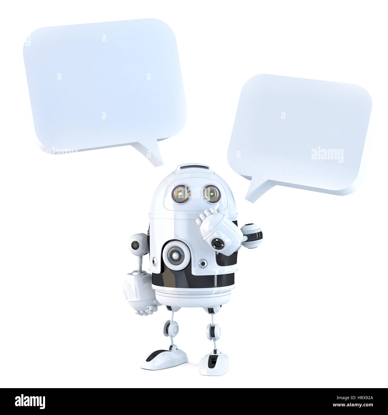 Robot in 3d con bolle di chat. Isolato, contiene il percorso di clipping. Foto Stock