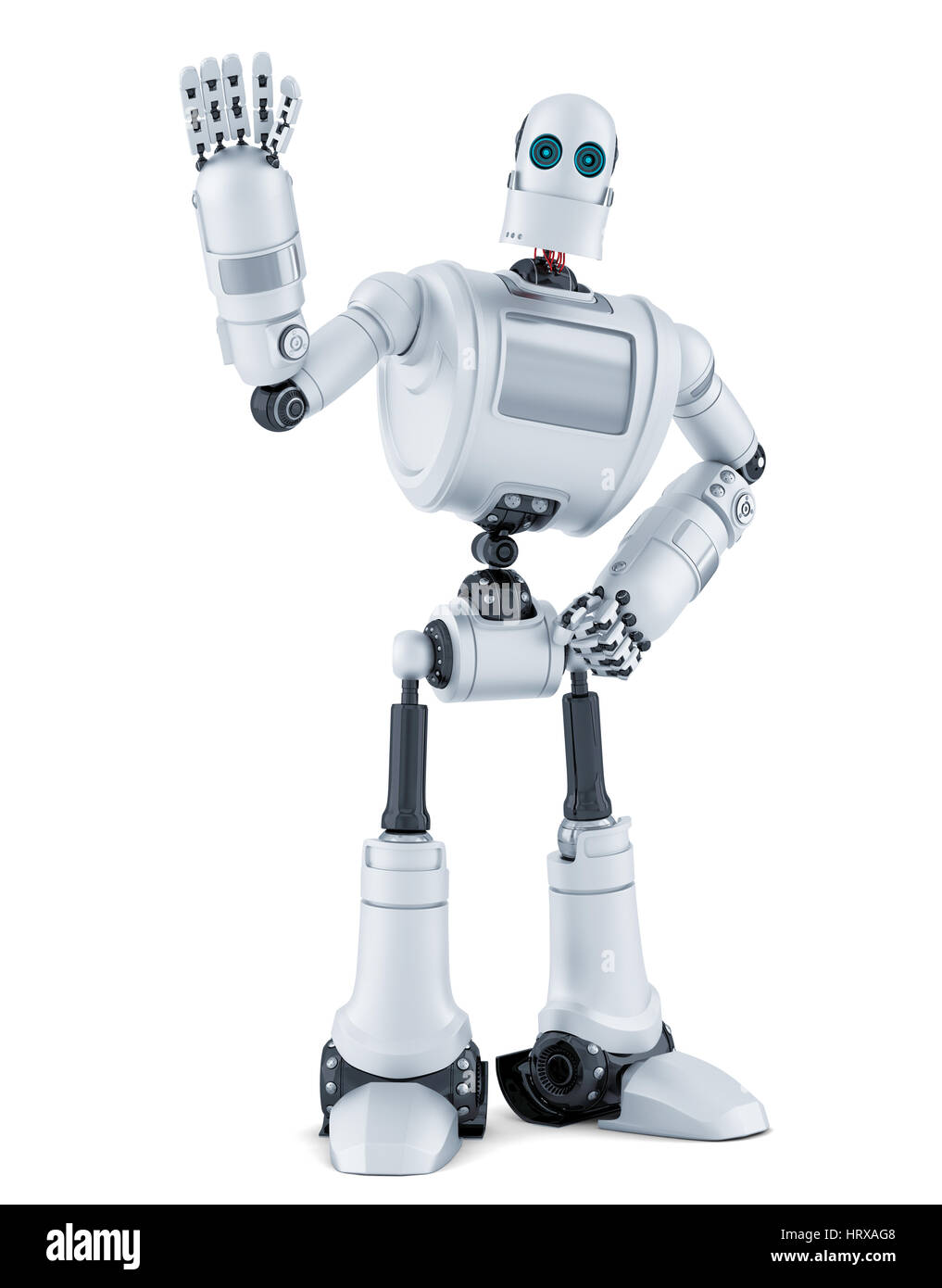 Robot salutando. Isolato su bianco. Contiene il percorso di clipping. Foto Stock