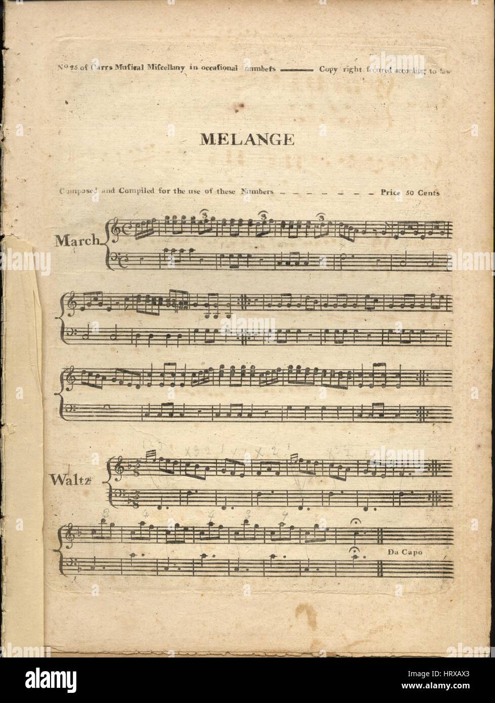 Foglio di musica immagine copertina della canzone 'I Melange (1) Marzo; (2) Waltz; (3) Gavot; (4) Country Dance; (5) Bassa aria; (6) lezione; (7) Carillons; (8) pastorale; (9) Aria II aria da Schetky', con paternitã originale lettura delle note "na", Stati Uniti, 1900. L'editore è elencato come "J. Carr', la forma della composizione è 'I. vista; II. arrotondato dei binari, la strumentazione è 'piano', la prima riga indica 'Nessuno', e l'illustrazione artista è elencato come 'Nessuno'. Foto Stock