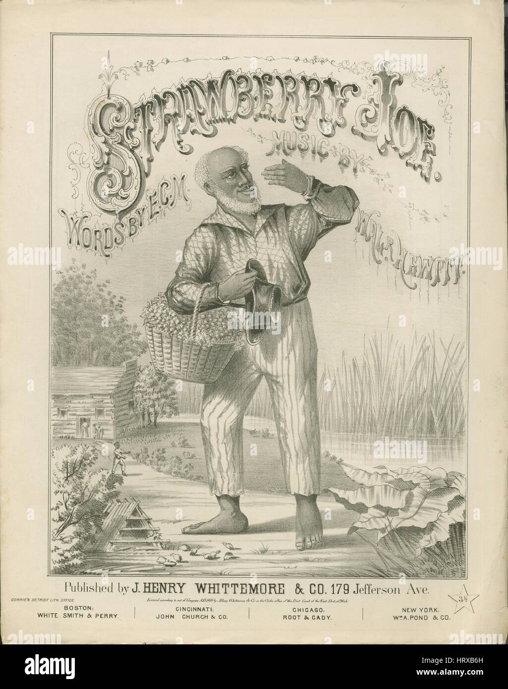 Foglio di musica immagine copertina della canzone "Joe delle fragole Song e coro", con paternitã originale lettura delle note parole "dall'ECM musica da Walr Hewitt', 1870. L'editore è elencato come "J. Henry Whittemore e Co., 179 Jefferson Ave.', la forma della composizione è 'strofico con chorus [include dance interludio]', la strumentazione è 'pianoforte e voce", la prima linea recita "Oh! Tempo fa, nel soleggiato sud, quando de darkies cuori erano più grandi", e l'illustrazione artista è elencato come 'Corrie di Detroit Lith. Ufficio.". Foto Stock