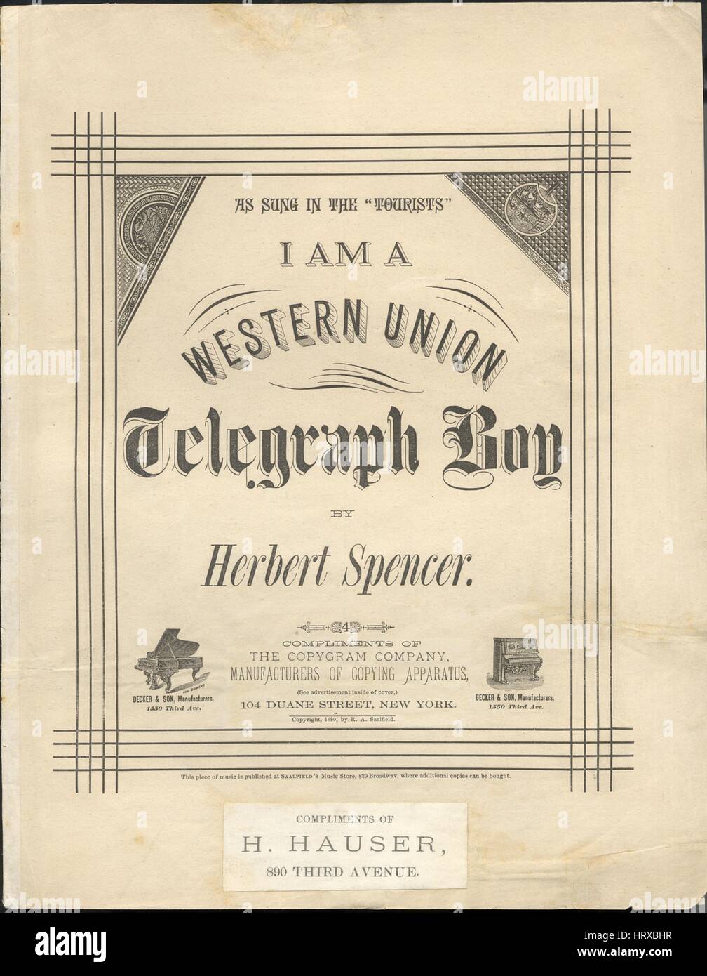 Foglio di musica immagine copertina della canzone "Io sono un Western Union  Telegraph Boy", con paternitã originale lettura delle note "da Herbert  Spencer', Stati Uniti, 1880. L'editore è elencato come "Complimenti della