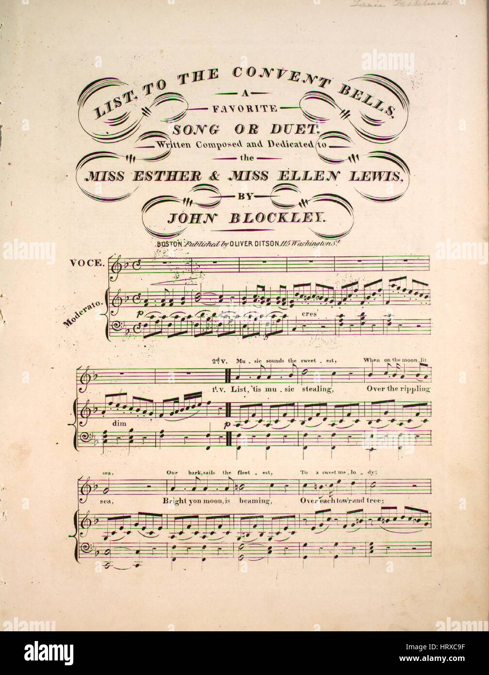Foglio di musica immagine copertina della canzone 'elenco, al Convento di campane una canzone preferita o duetto', con paternitã originale lettura delle note "Scritto composto da John Blockley', Stati Uniti, 1900. L'editore è elencato come 'Oliver Ditson e Co., 115 Washington St', la forma della composizione è 'strofico', la strumentazione è 'pianoforte e voce", la prima riga indica 'elenco, 'tis musica rubare, oltre il mare increspa', e l'illustrazione artista è elencato come 'Nessuno'. Foto Stock