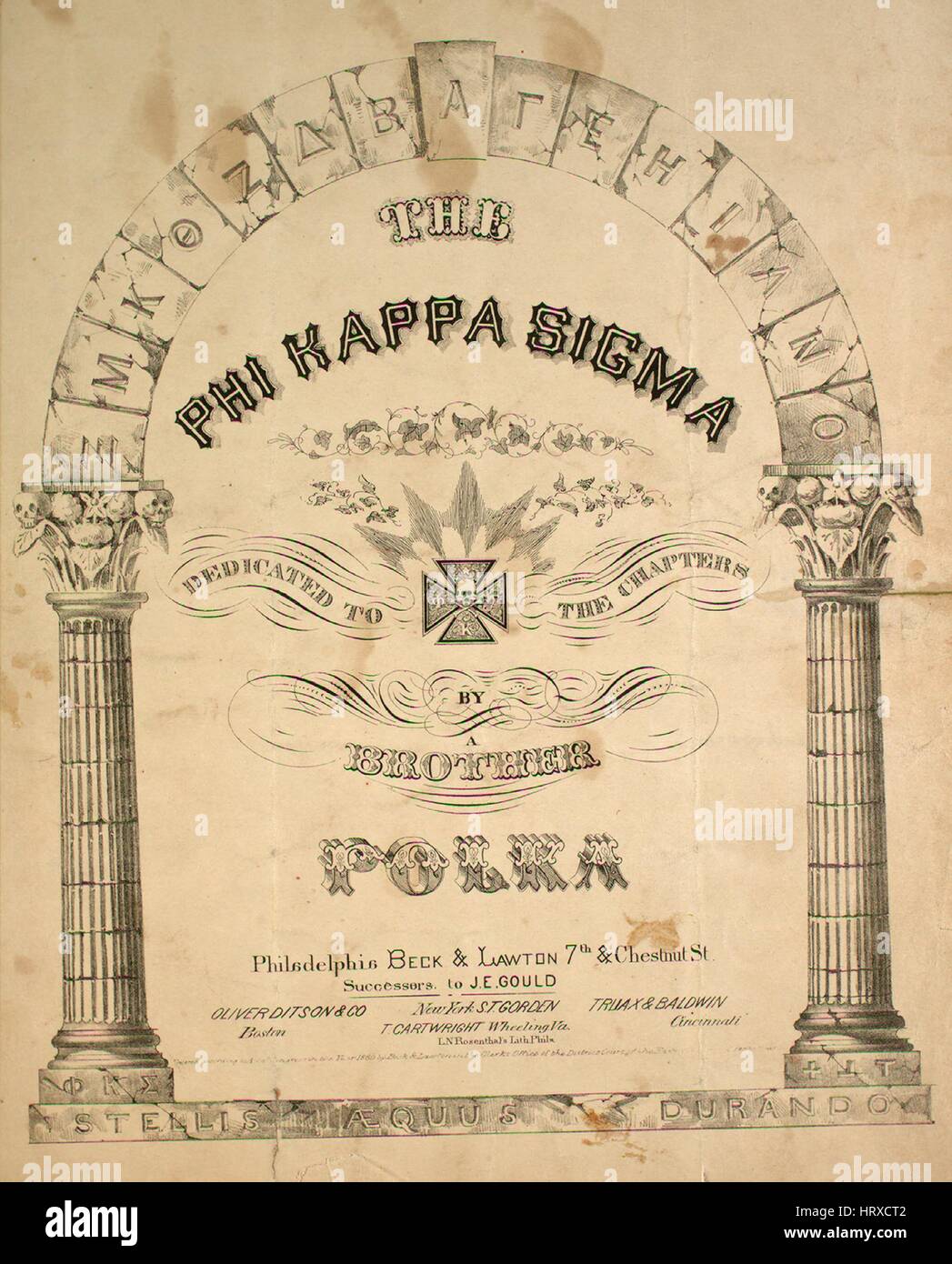 Foglio di musica immagine copertina della canzone "Il Phi Kappa Sigma Polka", con paternitã originale lettura delle note " da un fratello, Stati Uniti, 1860. L'editore è elencato come "Beck e Lawton, settimo e castagno San, successori di J.E. Gould', la forma della composizione è 'sectional', la strumentazione è 'piano', la prima riga indica 'Nessuno', e l'illustrazione artista è elencato come 'L.N. Rosenthal's Lith. Phila.". Foto Stock