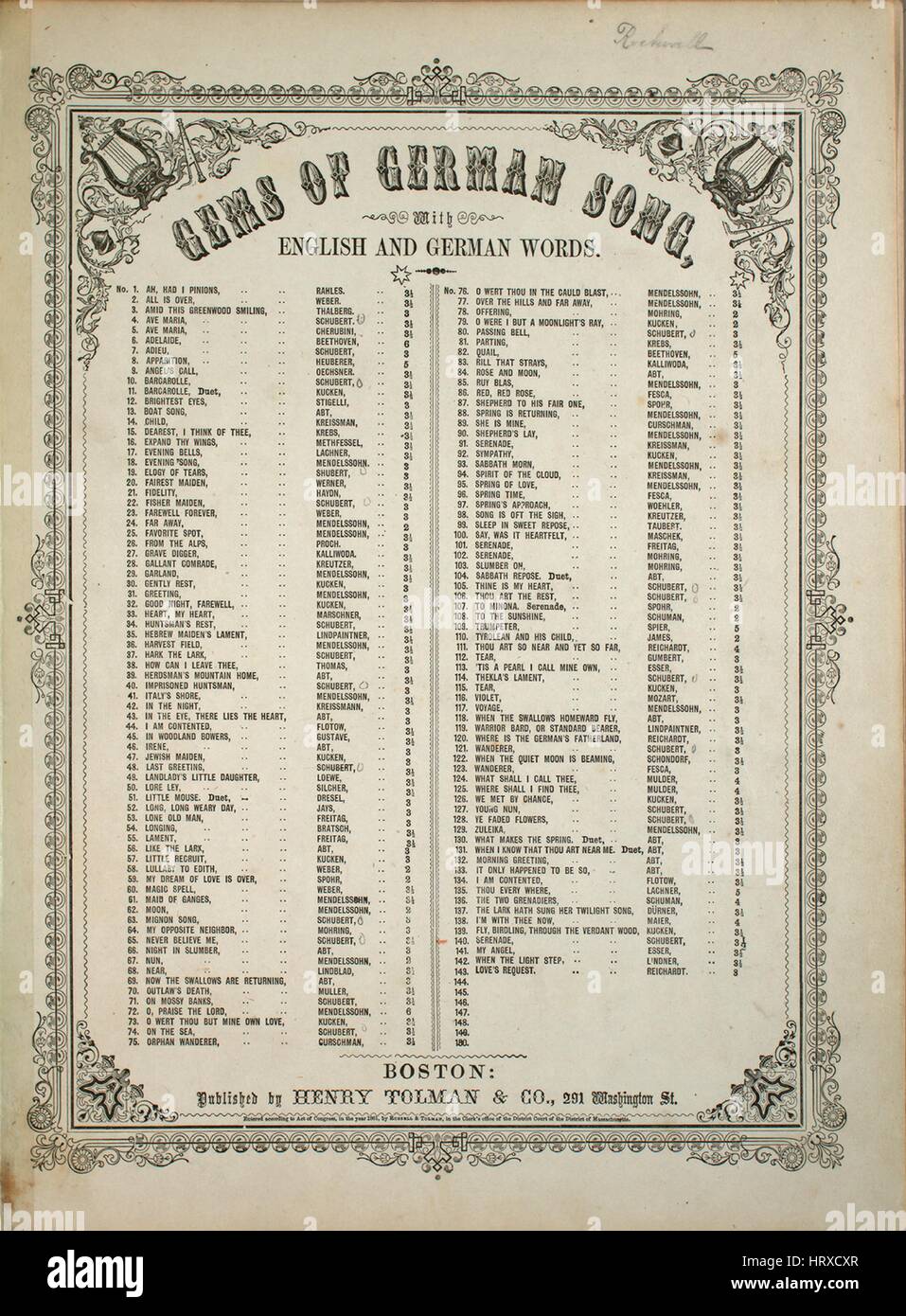 Foglio Di Musica Immagine Copertina Della Canzone Gemme Della Canzone Tedesca Con Inglese E Tedesco Parole Anche Francese Con Paternita Originale Lettura Note Musique De F Schubert Parole Dalla Wws Stati Uniti