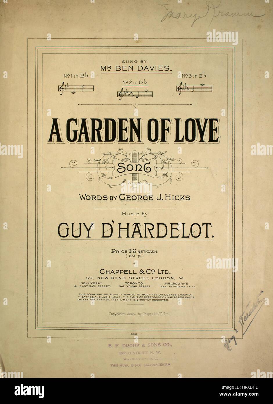 Foglio di musica immagine copertina della canzone "un giardino della canzone d'amore", con paternitã originale lettura delle note "parole di George Hicks J musica da Guy D'Hardelot', Stati Uniti, 1906. L'editore è elencato come 'Chappell e Co., Ltd., 50 New Bond Street', la forma della composizione è 'strofico', la strumentazione è 'pianoforte e voce", la prima linea recita "un flusso'r in un giardino di dolore e di ombra", e l'illustrazione artista è elencato come 'Nessuno'. Foto Stock