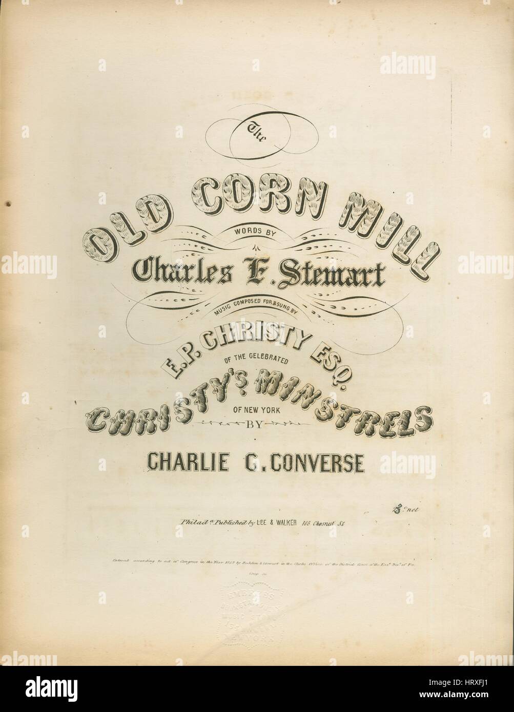 Foglio di musica immagine di copertina del brano 'De vecchio mulino di mais', con paternitã originale lettura delle note "parole di Charles F Stewart musica composta da Charlie C Converse', Stati Uniti, 1852. L'editore è elencato come 'Lee e Walker, 188 Chesnut Sant', la forma della composizione è 'strofico con chorus', la strumentazione è 'pianoforte e voce", la prima riga indica 'e casa della mia infanzia dat amatissimo spot, Whar de mais yallow am roun crescente il mio fader della vecchia culla", e l'illustrazione artista è elencato come 'Crap sc.". Foto Stock