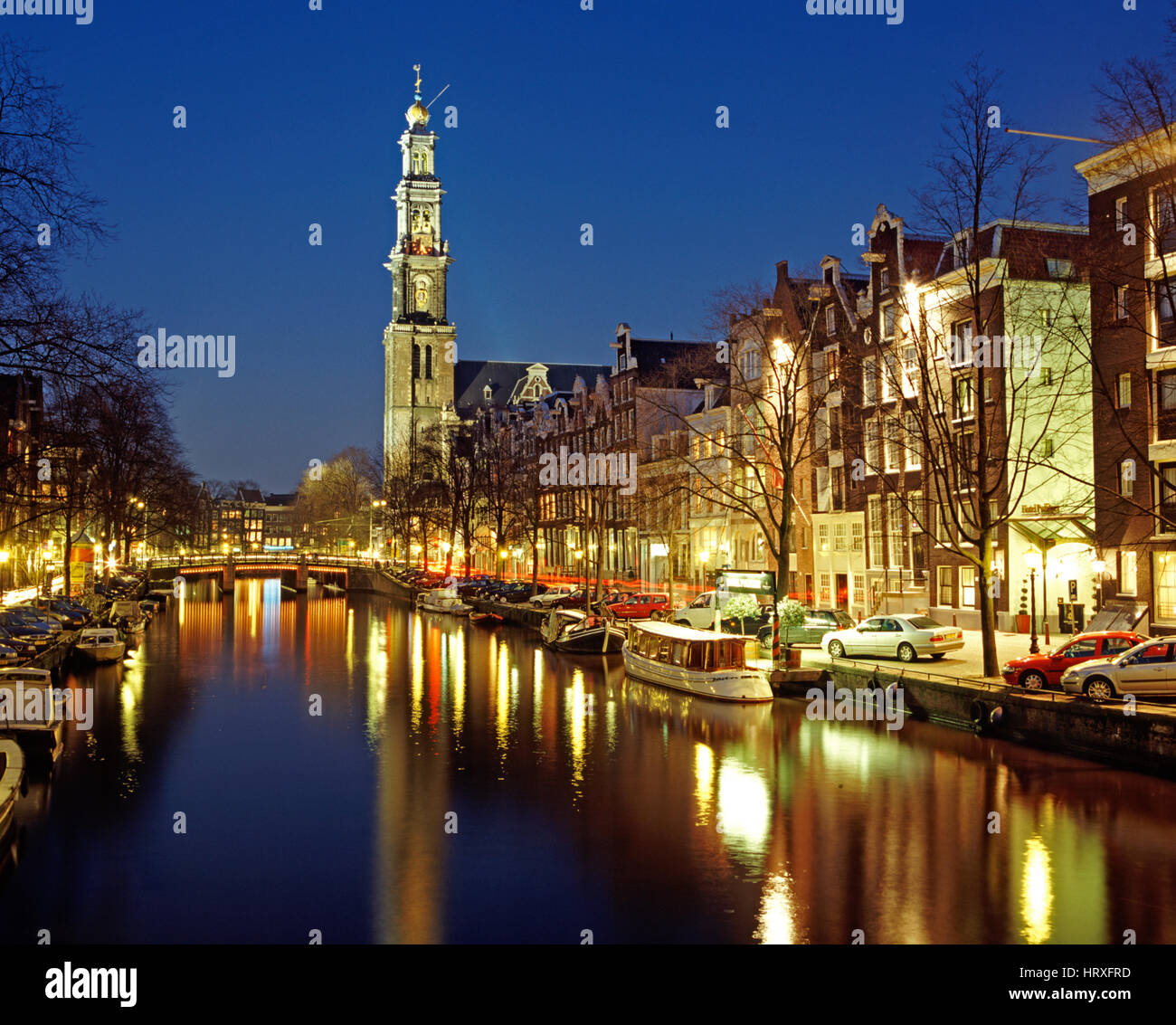 Prinsengracht e Westerkerk, Amsterdam, Olanda, Paesi Bassi. Foto Stock