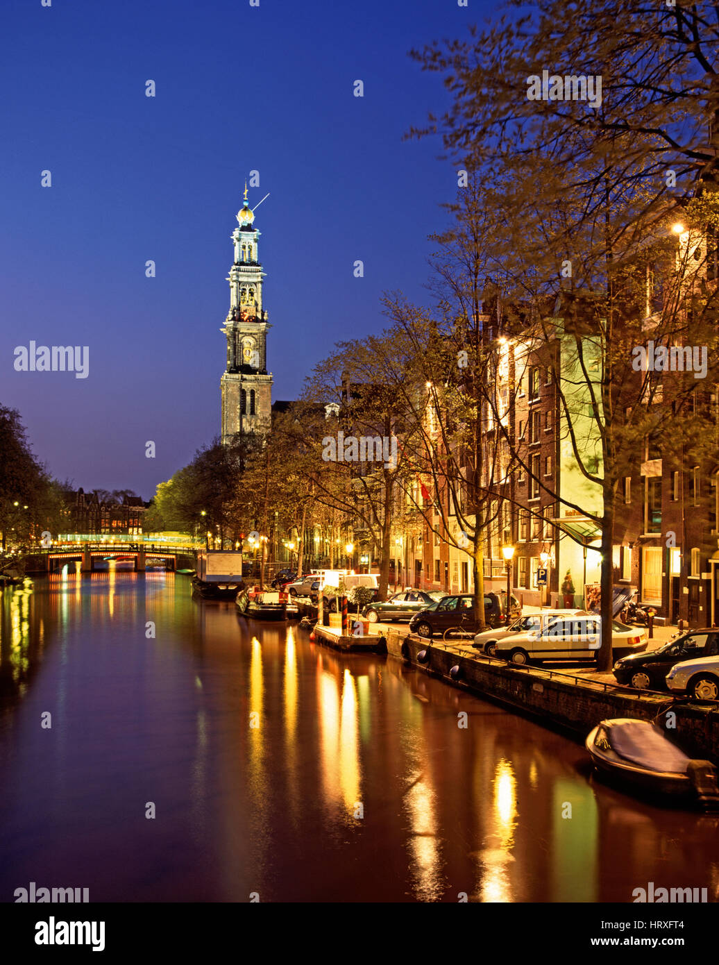 Prinsengracht e Westerkerk, Amsterdam, Olanda, Paesi Bassi. Foto Stock
