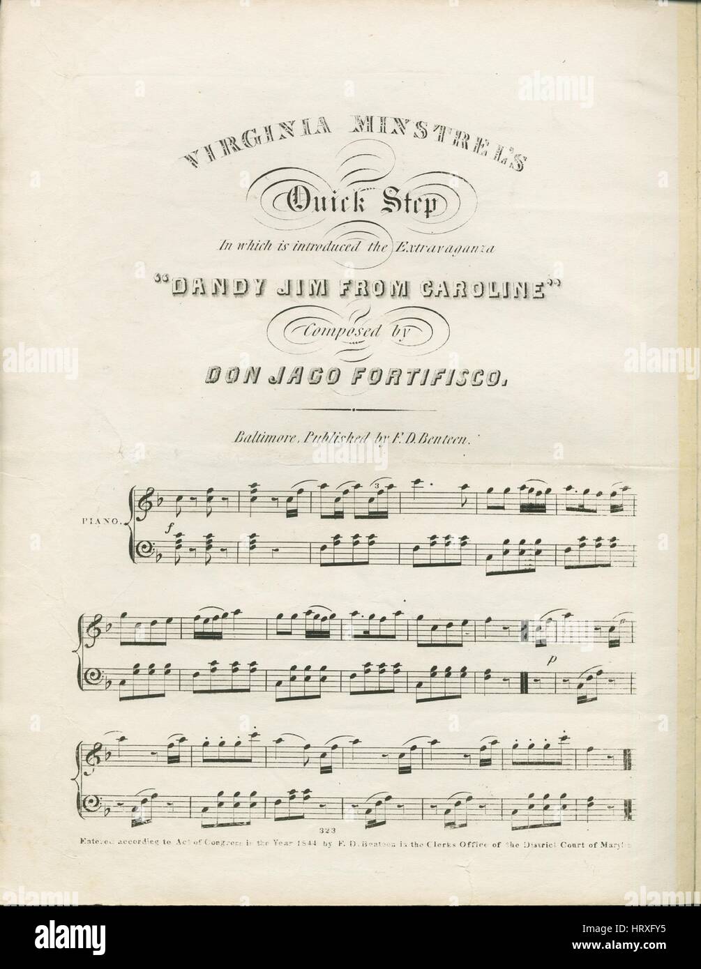 Copertina spartiti della canzone "Virginia Minstrel's Quick Step, in cui viene introdotto il Extravaganza "Dandy Jim from Caroline", con note originali di autore che recitano "Compound by Don Jaco Fortifico", Stati Uniti, 1844. L'editore è elencato come "F.D. Benteen", la forma della composizione è "sezionale", la strumentazione è "piano", la prima riga è "nessuno", e l'artista dell'illustrazione è elencato come "L.W. Webb". Foto Stock
